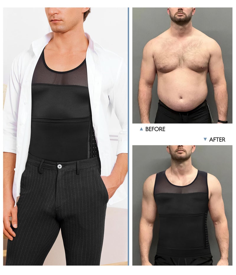 TAILONG Men Body Shaper Slimming Vest Tight Tank Top Compression Shirt Tummy Control Underwear Moobs Binder (Black, L) - Image 4